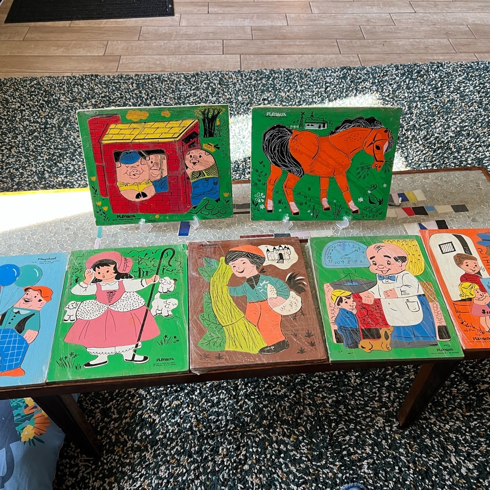 7 Vintage Playsckool Wooden Colorful Kids Puzzle Set with Farm and Animal Themes
